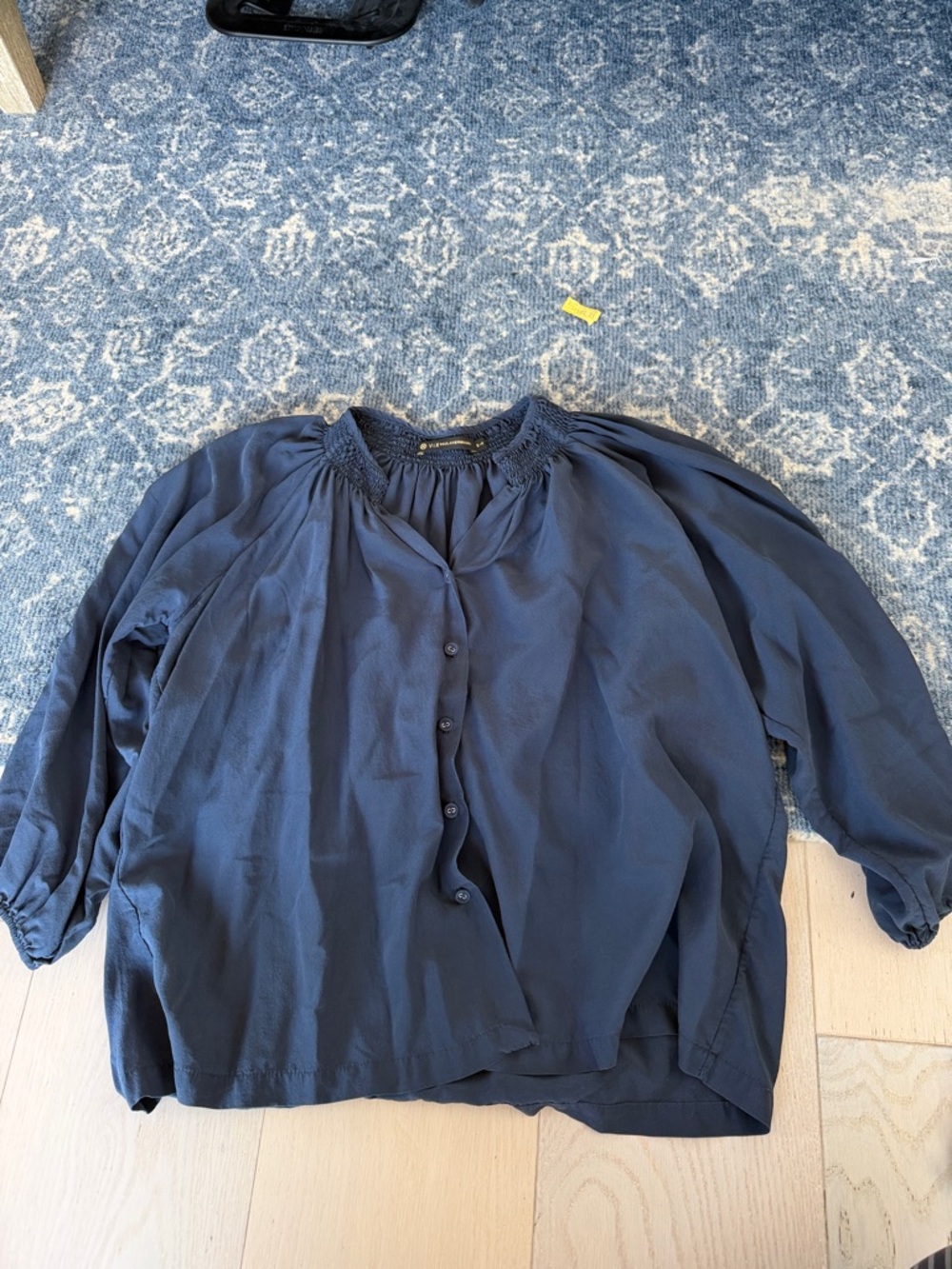 Navy Smocked-Neck Button Front Blouse